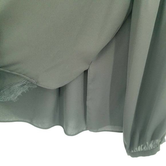 BCBGMaxazira black faux wrap blouse womens size XL long sleeve shell lace trim - Picture 7 of 12